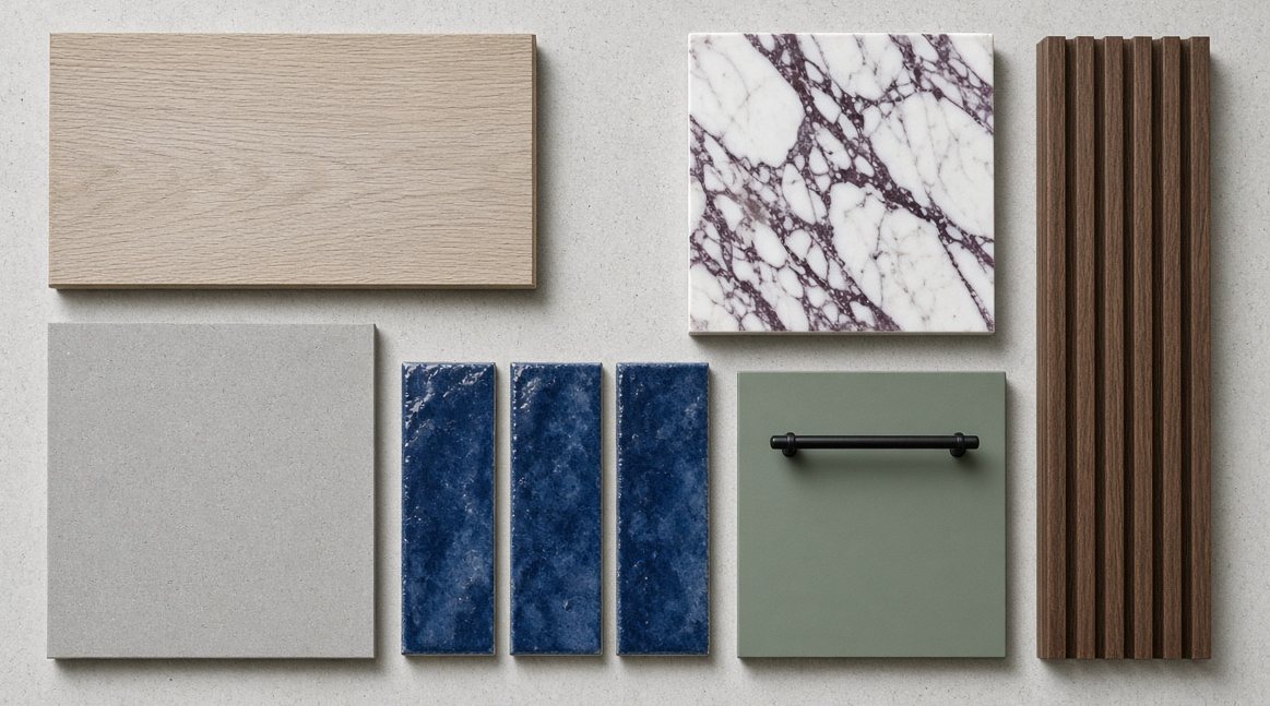 Flat-lay sample board: timber board, grey porcelain tile, blue glazed wall tiles, Calacatta Viola marble, a sage painted joinery door with a black handle and a fluted walnut panel.