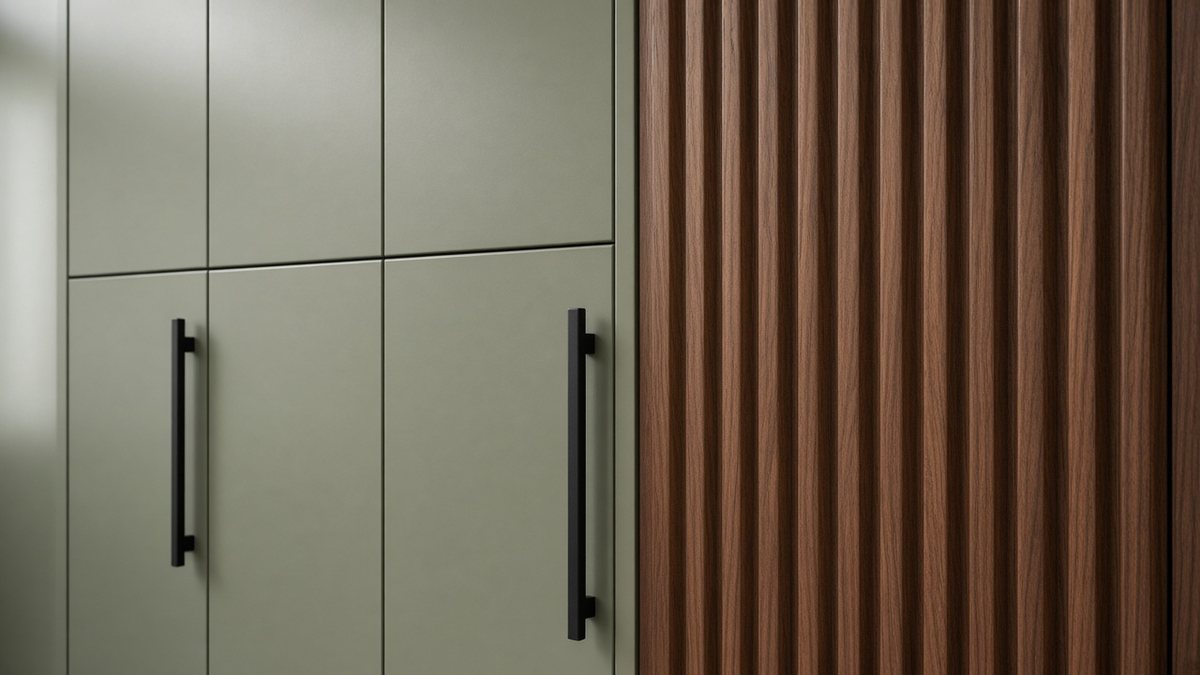 Sage painted cabinet doors with black bar handles beside a fluted walnut panel.