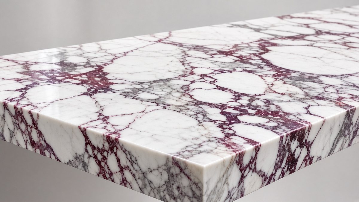 Calacatta Viola marble benchtop showing its polished edge and burgundy veining.